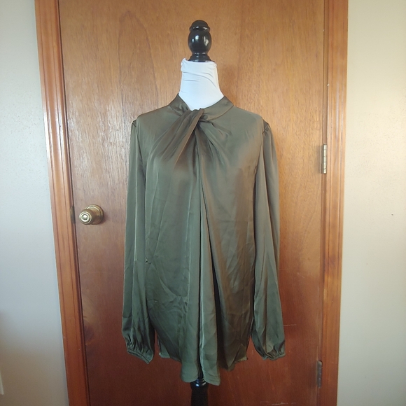 NWT Grace Karin Olive Green Satin Silk Twist Mock Long Sleeve Blouse Shirt L - Picture 4 of 11